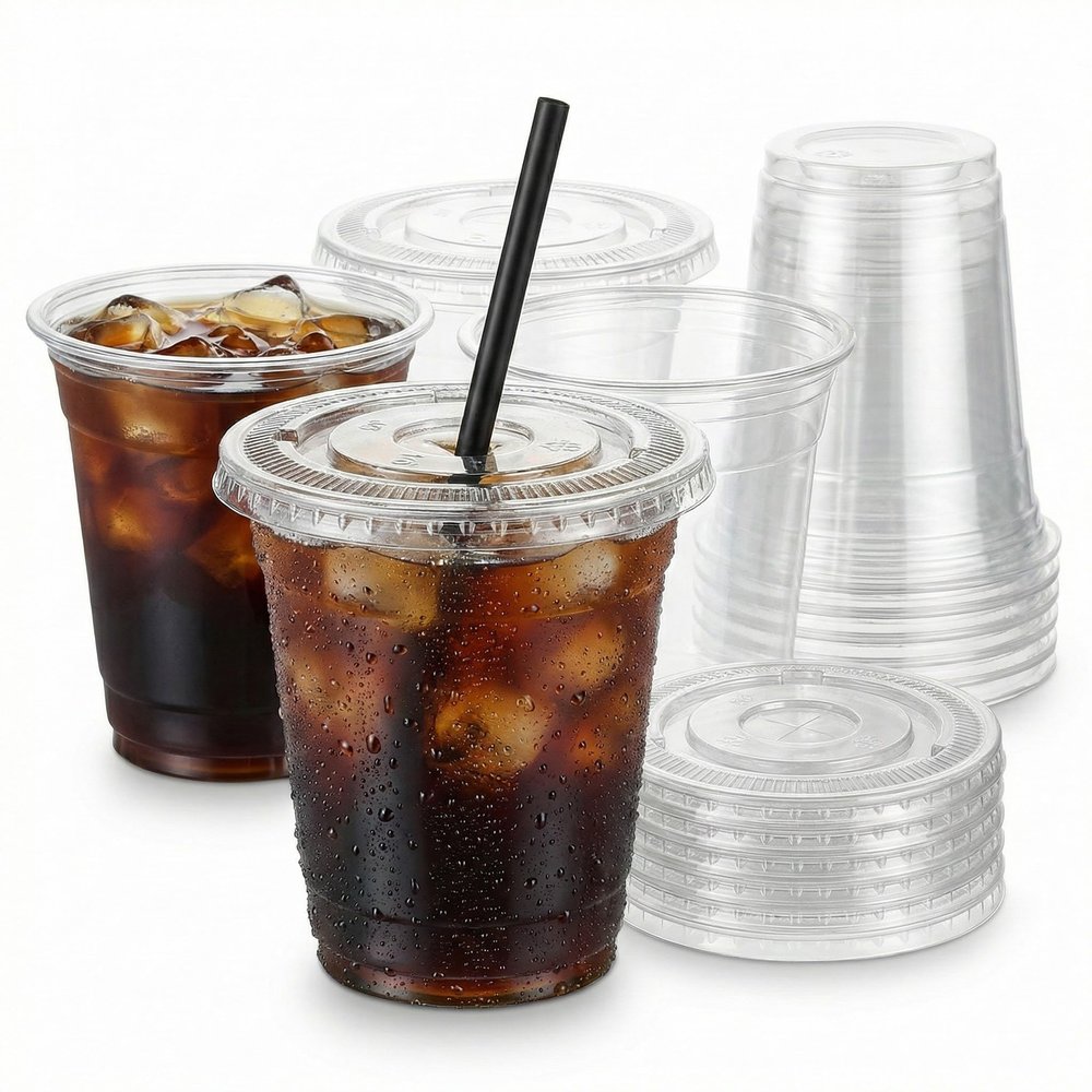 100 sets clear disposable Plastic Cups with Lids straws,Sturdy Food Safe Plastic Iced Coffee cups for cold water,iced coffee,smoothies,milkshakes,icecream cold drinks to go (10, Fluid Ounces)