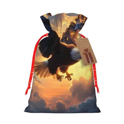 Qewfoju Golden Sky Bald Eagle Pattern Holiday Gift Bags Christmas Burlap Gift Bags Drawstring for Wedding Party Favors Xmas Gifts Couple Shower Medium