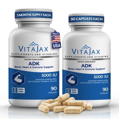 ADK - Vitamin ADK Supplement, 180 Capsules - High Potency Vitamin A, D3(5,000 IU) K2 as MK-7 for Bone, Heart & Calcium Absorption Non-GMO, Gluten Free (6 Month Supply) 2 Pack
