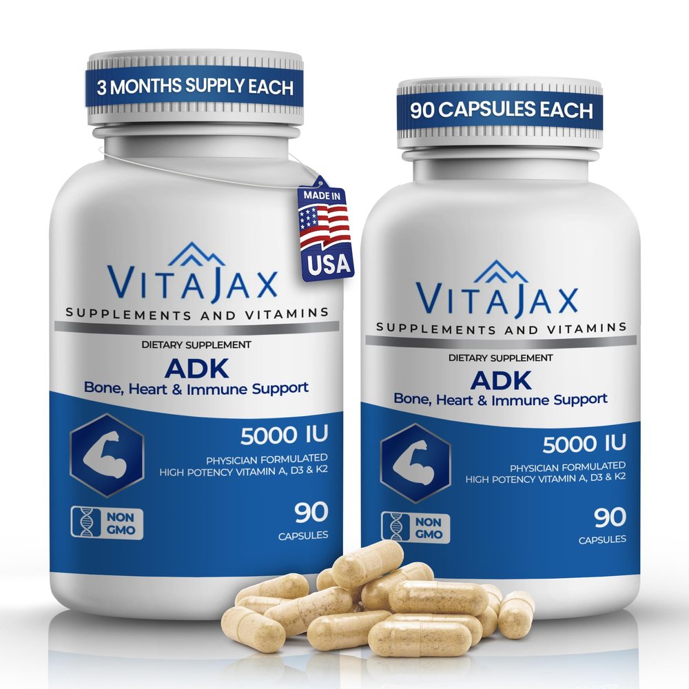 ADK - Vitamin ADK Supplement, 180 Capsules - High Potency Vitamin A, D3(5,000 IU) K2 as MK-7 for Bone, Heart & Calcium Absorption Non-GMO, Gluten Free (6 Month Supply) 2 Pack