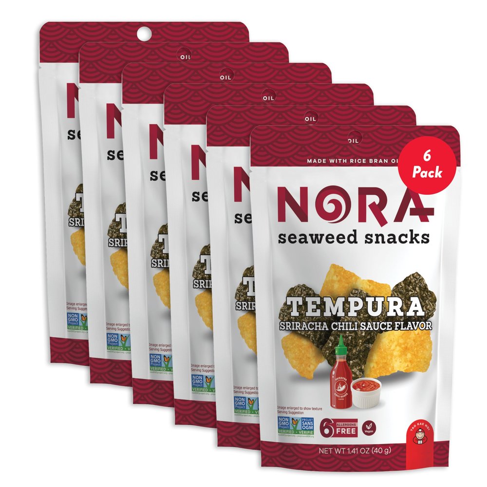 NORA Tempura Seaweed Snack, Sriracha Flavor, 40g Pouch (Pack of 6) Crispy, Spicy Seaweed Snack, Gluten-Free, Light & Crunchy Asian Snack