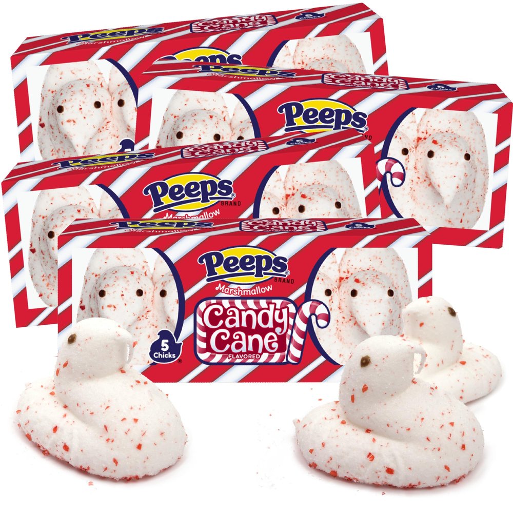 Candy Cane Peeps Marshmallow Chicks, Festive Holiday Peppermint Treats, Christmas Dessert Toppers or Stocking Stuffers, 5 Count Sleeves (Pack of 4)
