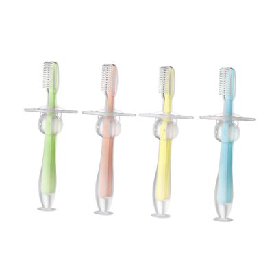 EXAOMBLE 4pcs Training Silicone Toothbrush with Suction Base Soft Bristles Teether for Gum Care Safe Chewing Easy Grip Handles in Blue Pink Green Yellow