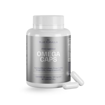 The Blue Formula Omega 3-6-9 Capsules with Hydrolyzed Marine Collagen + Astaxanthin - Fish Oil with DHA & EPA - Unflavored, No Fishy Aftertaste - 90 Capsules (500 mg)