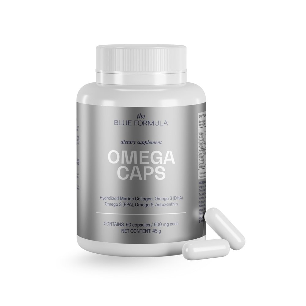 The Blue Formula Omega 3-6-9 Capsules with Hydrolyzed Marine Collagen + Astaxanthin - Fish Oil with DHA & EPA - Unflavored, No Fishy Aftertaste - 90 Capsules (500 mg)