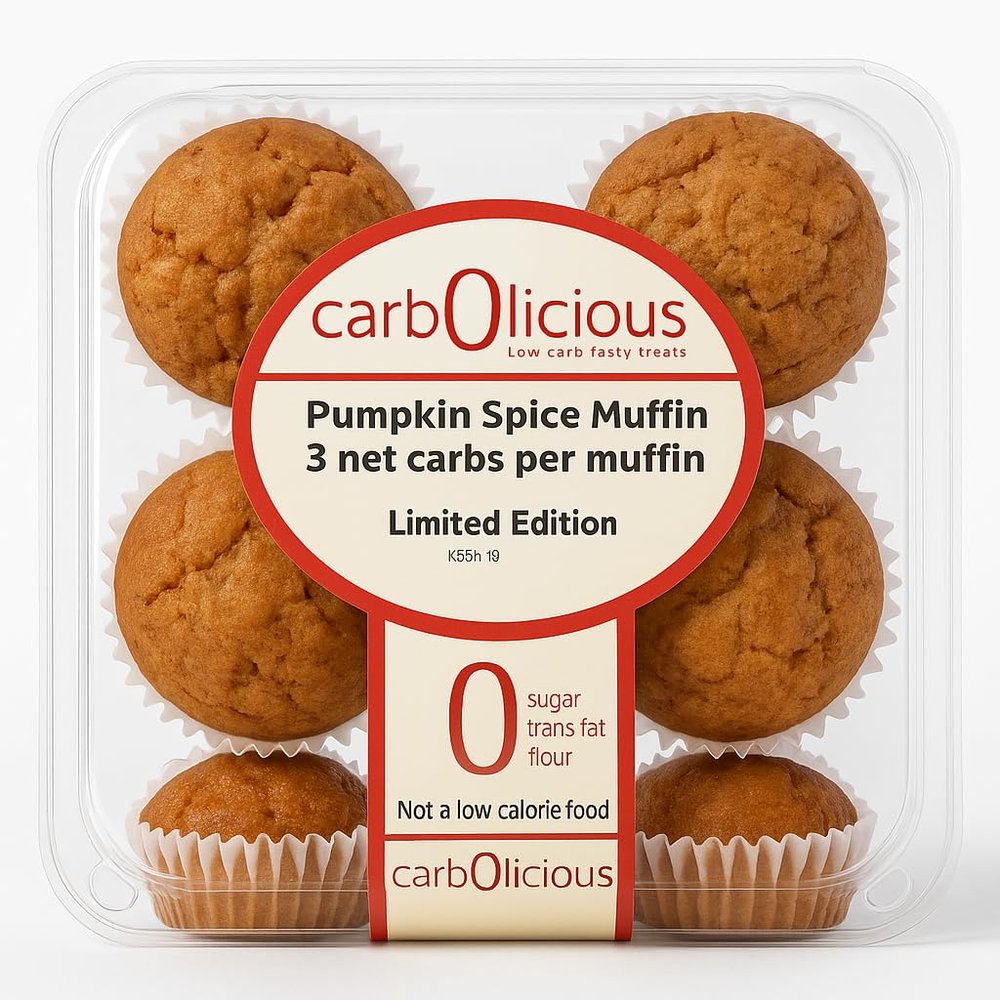 Low Carb Pumpkin Spice Muffins 6 Pcs (1-Pack) by Carb-o-licious - Delicious Keto Mini Muffins Only 2 Net Carbs, 9g Protein - Sugar Free Cupcake Style Healthy Snack Made, Almond Flour, Low-Carb Treat