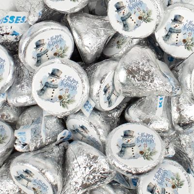 255ct Happy Holidays Snowman Silver Stickered Milk Chocolate Candy Kisses For Holiday Party Favors, Stocking Stuffers, Goodie Bags, Christmas Gifting & More
