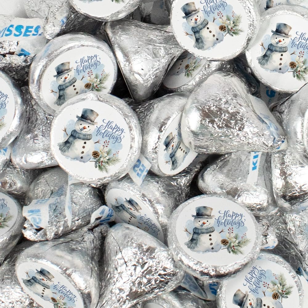 255ct Happy Holidays Snowman Silver Stickered Milk Chocolate Candy Kisses For Holiday Party Favors, Stocking Stuffers, Goodie Bags, Christmas Gifting & More