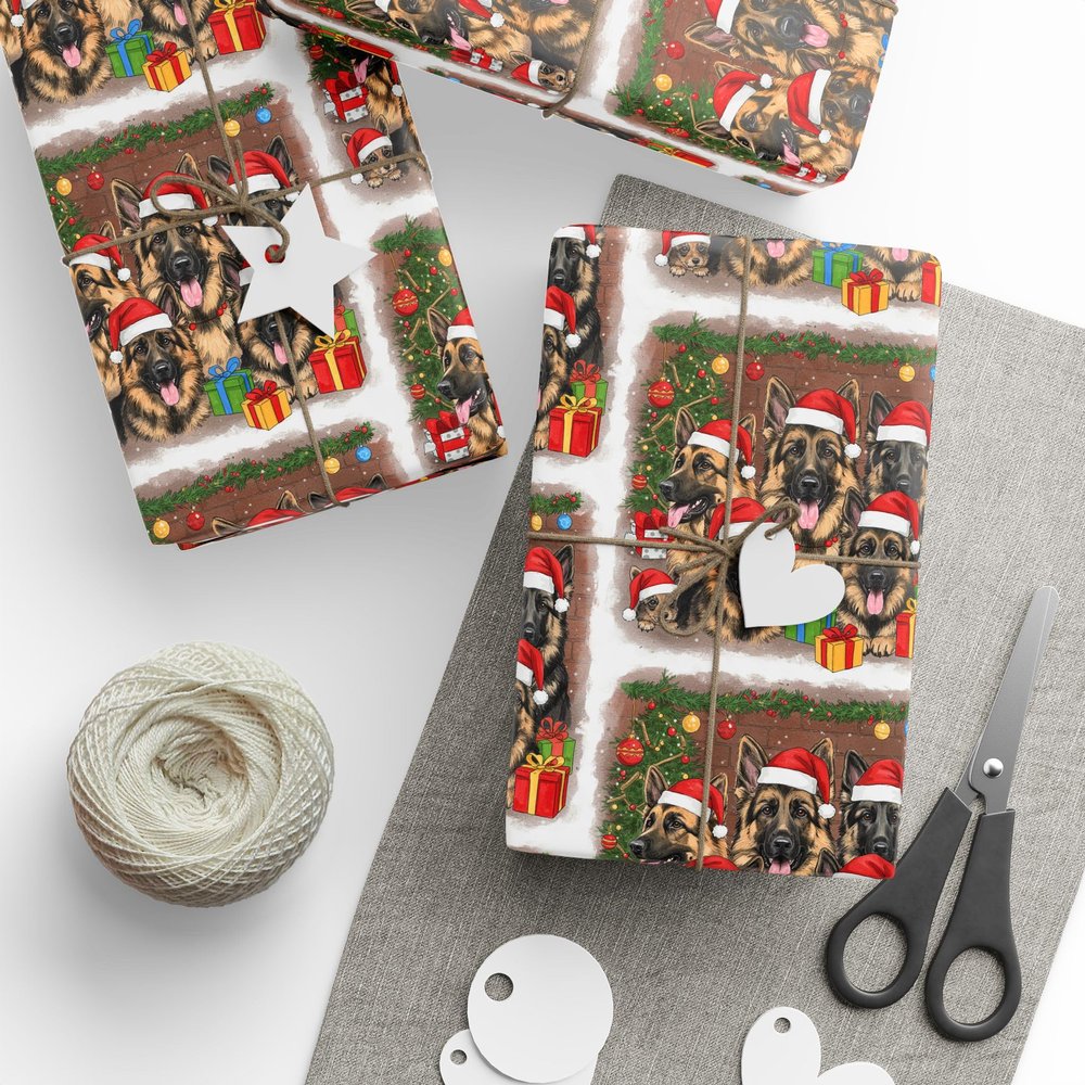 German Shepherd Wrapping Papers - Christmas Santa Cartoon Puppies, Gift Wrap, Puppy Theme, Holiday Dog Gift Present