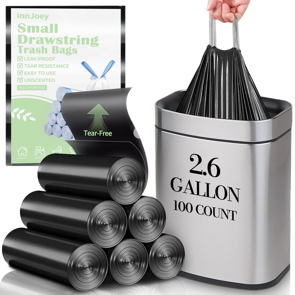 100 Count Small Drawstring Trash Bags for 2.6-Gallon (10 L) Trash Cans, Thick Pre-separated Garbage Bags,Mini Wastebasket can Liners for Bathroom Bedroom Office(Black)