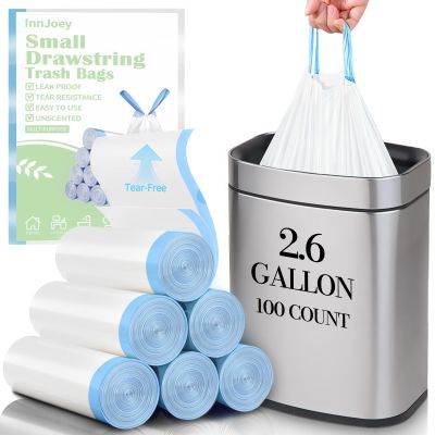 100 Count Small Drawstring Trash Bags for 2.6-Gallon (10 L) Trash Cans, Thick Pre-separated Garbage Bags,Mini Wastebasket can Liners for Bathroom Bedroom Office(White)