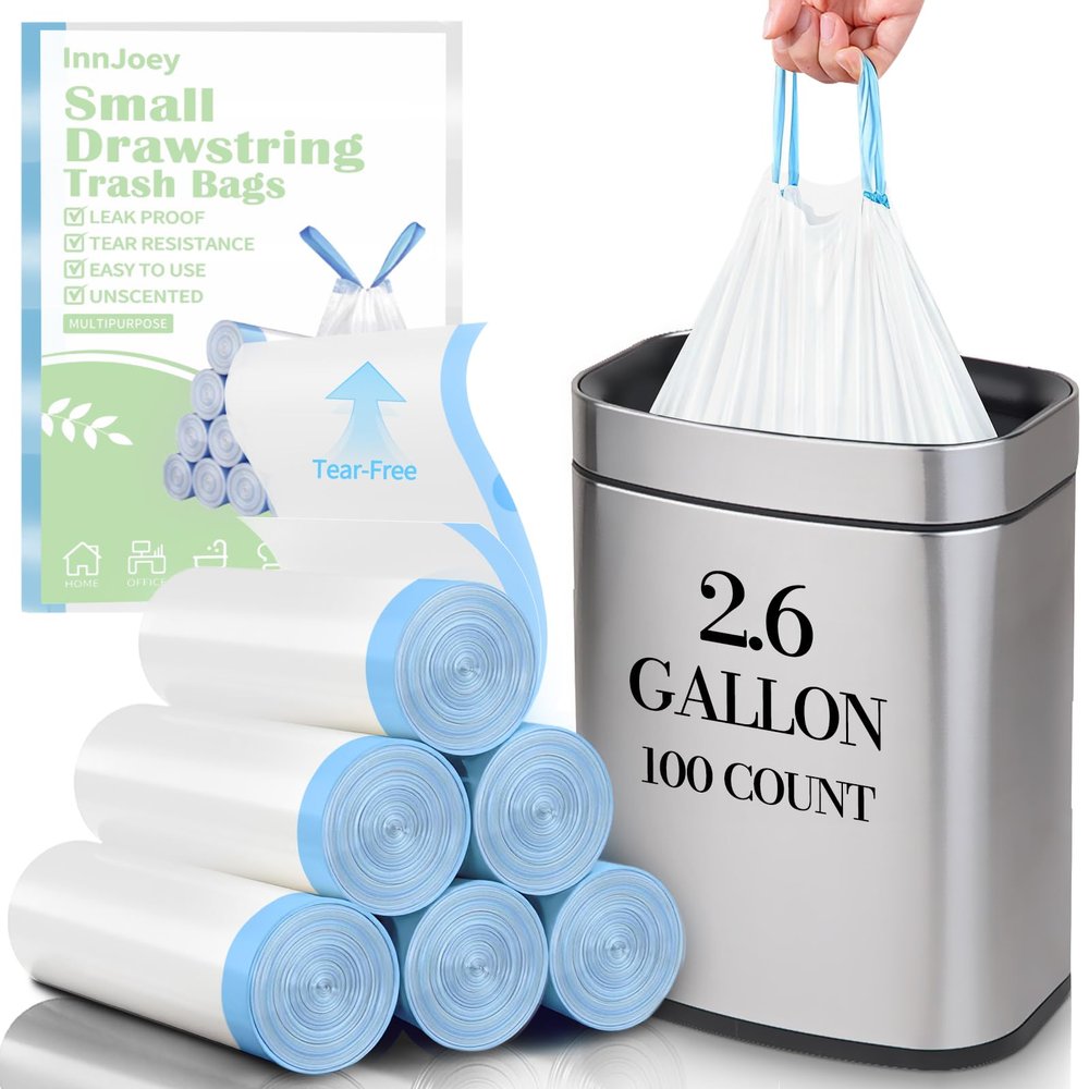 100 Count Small Drawstring Trash Bags for 2.6-Gallon (10 L) Trash Cans, Thick Pre-separated Garbage Bags,Mini Wastebasket can Liners for Bathroom Bedroom Office(White)
