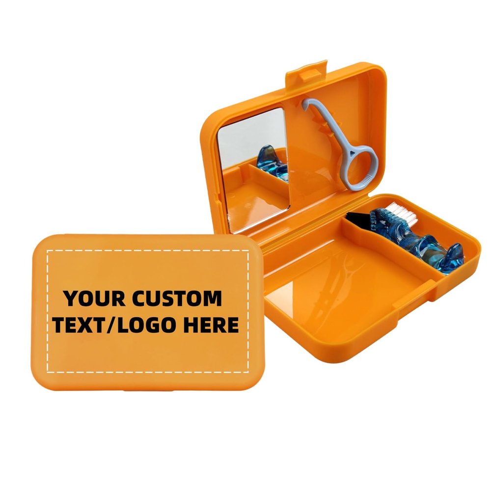 SENLIN DENTAL 100pcs Custom Personalized Oral Care Travel Kits, Dental Care Kit with Mirror, Bracket Removal Tool, Denture Brush with Any Image Logo and Text (100pcs Orange Oral Care Travel Kits)