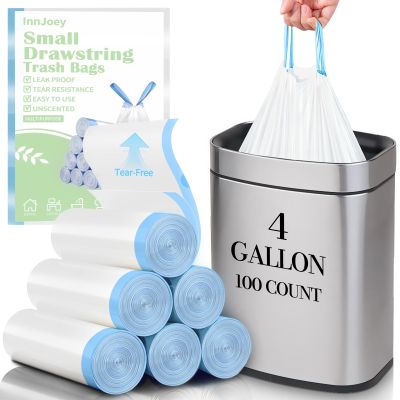 100 Count Small Drawstring Trash Bags for 4-Gallon (15 L) Trash Cans, Thick Pre-separated Garbage Bags, Mini Wastebasket can Liners for Bathroom Bedroom Office(White)
