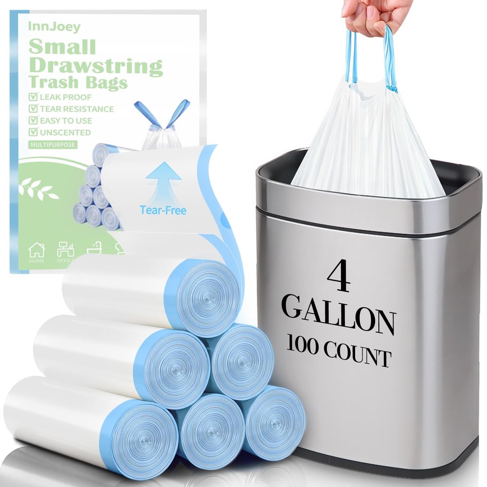 100 Count Small Drawstring Trash Bags for 4-Gallon (15 L) Trash Cans, Thick Pre-separated Garbage Bags, Mini Wastebasket can Liners for Bathroom Bedroom Office(White)