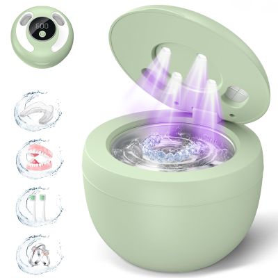 Dental Ultrasonic Retainer Cleaner Machine: 45kHz Dental Cleaning Pod for Denture, Mouth Guard, Night Guard, Aligner, Braces, Toothbrush Head & Jewelry, UV Cleaner with Digital Timer & 4 Modes, Green
