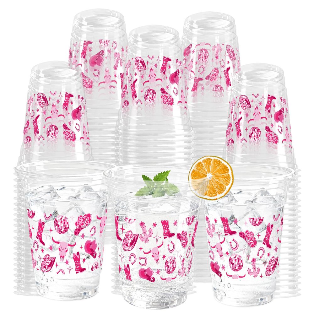 KOPOOEOE 100 Pcs Pink Cowgirl Plastic Cups,16 oz Disco Western Cowgirl Clear Disposable Plastic Cups Drinking Cups for Cowgirl Birthday Baby Shower Lets Go Girls Party Supplies