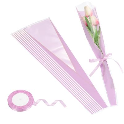 MECCANIXITY 50 Pcs Single Rose Flower Sleeves Bulk 17.7x4.7x1.2 Inch Floral Wrapping Paper Bags with Ribbons for Mother's Day Wedding Birthday Bouquet Graduation Gifts (Purple/Purple Pink)