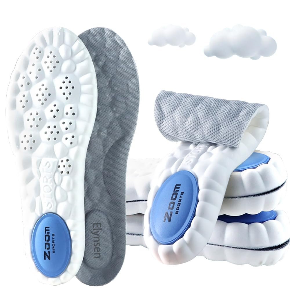 Elynsen Steppers Insoles for Men Women - Air Cushion Insoles with 4D Massage Insoles, Arch Support Insoles, Breathable & Shock Absorption for Work, Running, All-Day Comfort (White, Men 6-7/Women 8-9)