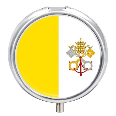 Round Pill Box, Novelty Vatican City State Flag Printing Small Travel Pill Case with Mirror Portable Metal Medicine Container Vitamin Organizer for Purse Pocket