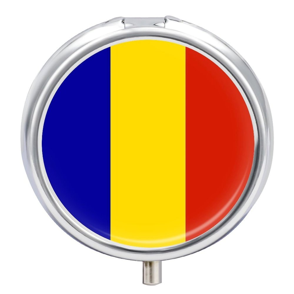 Round Pill Box, Novelty Romania Flag Printing Small Travel Pill Case with Mirror Portable Decorative Metal Medicine Container Vitamin Organizer for Purse Pocket