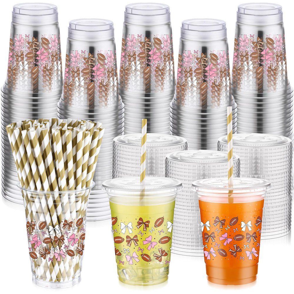 Jingmore 100 Sets Plastic Disposable Cups with Lids and Straws 16 oz for Juice Water Summer Holiday Birthday Baby Shower Supplies (Football)