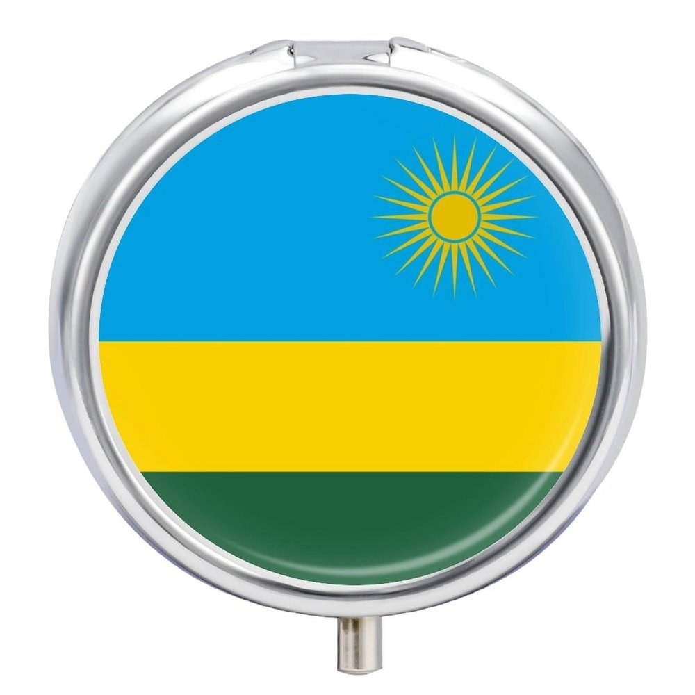 Round Pill Box, Novelty Republic of Rwanda Flag Printing Small Travel Pill Case Portable Decorative Metal Medicine Container Vitamin Organizer for Purse Pocket