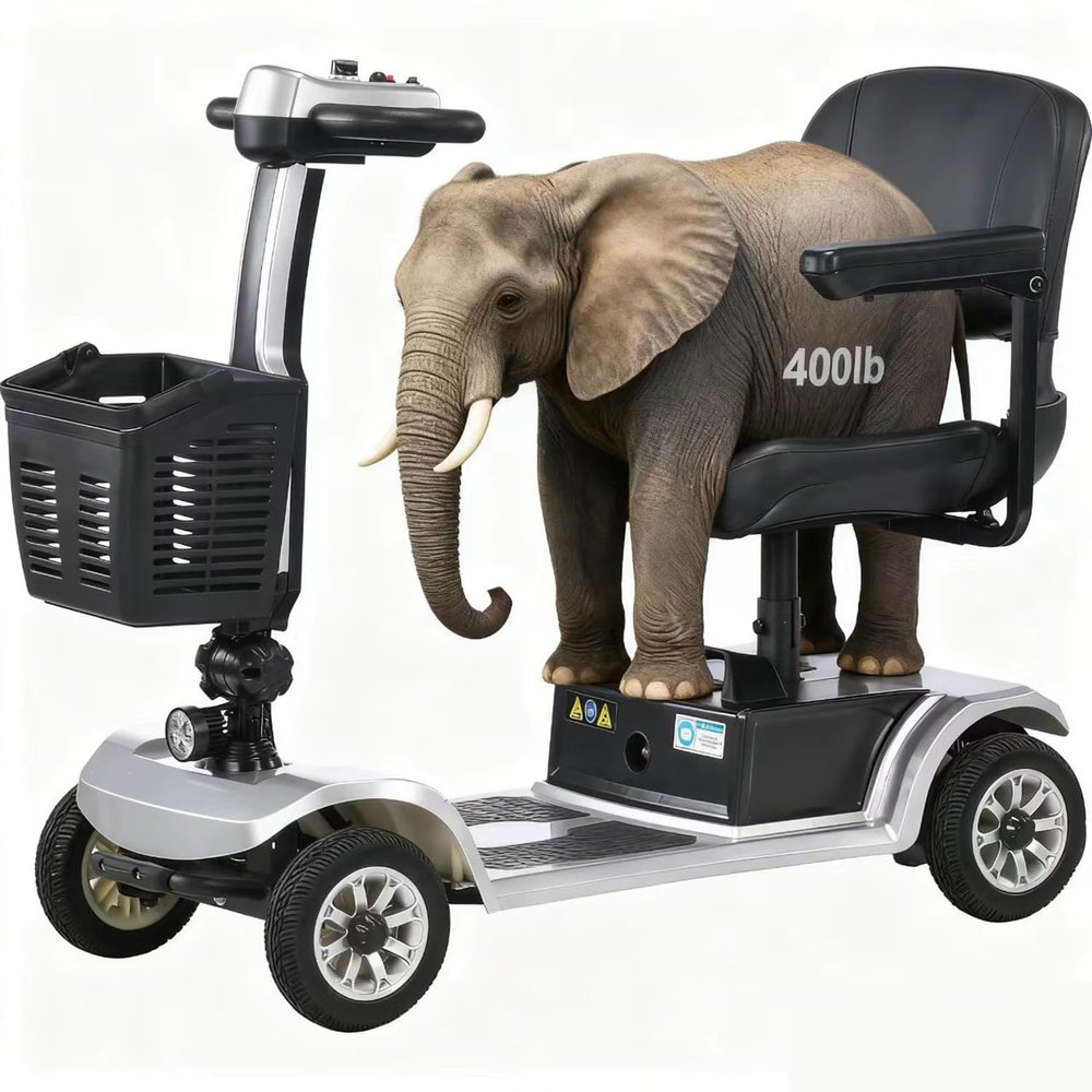Long Range 4 Wheel Electric Mobility Scooter - 400 lb Weight Capacity, Collapsible & Compact for Travel, Equipped with Safety Lights & Storage Basket - Ideal for Seniors and Adults,Silver