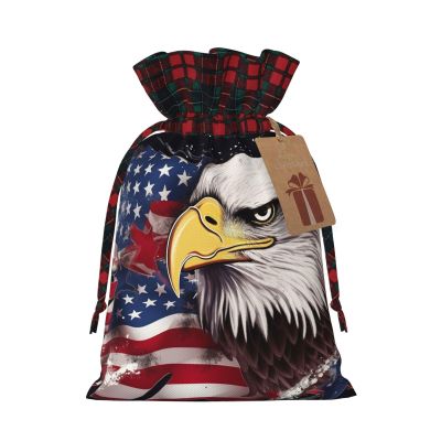 America US Flag Bald Eagle Christmas Gift Bags with Tags & Ribbon Ties, Xmas Drawstring Candy Treat Bag Buffalo Plaid Christmas Gifts Sacks Reusable Gift Wrapping Bags for Holiday Party Favors Medium