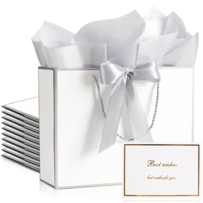 PASEOTA 10 Set Medium Gift Bags with Handles (White Silver, 12.6x9.8x4.3In)