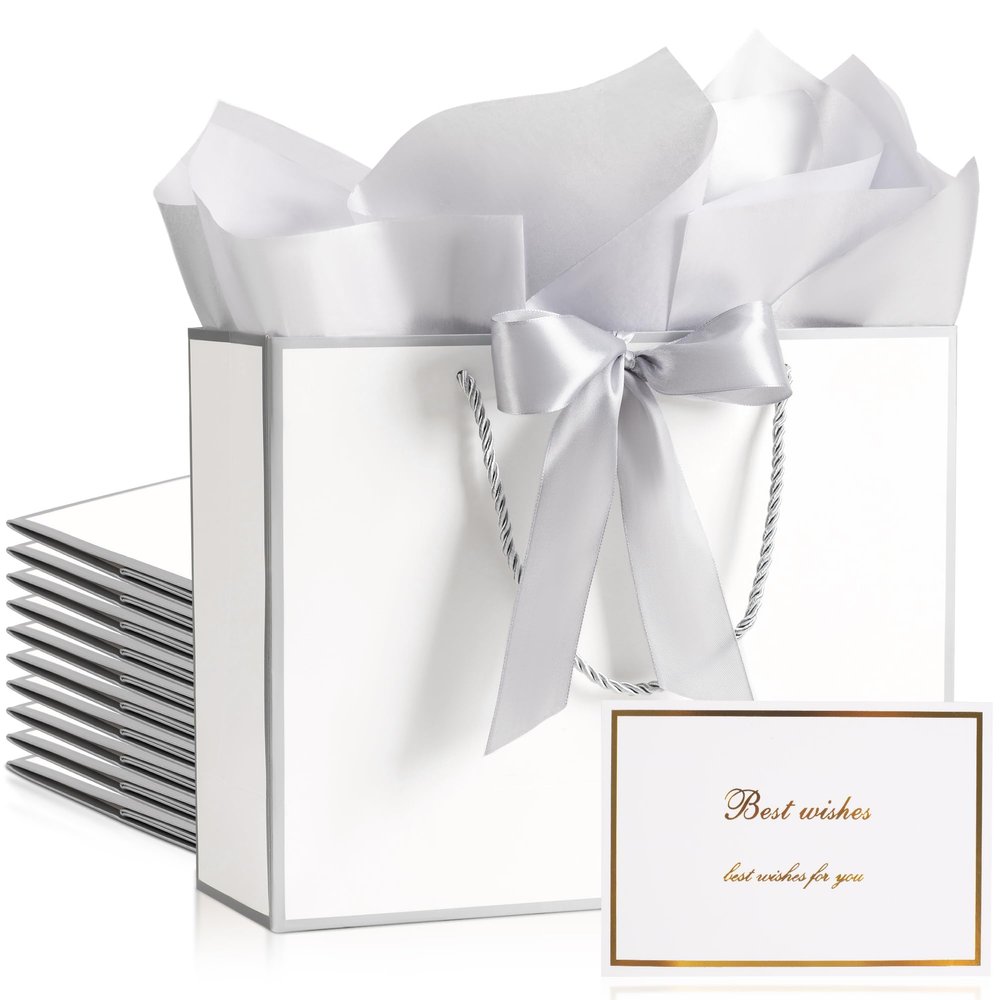 PASEOTA 10 Set Medium Gift Bags with Handles (White Silver, 12.6x9.8x4.3In)