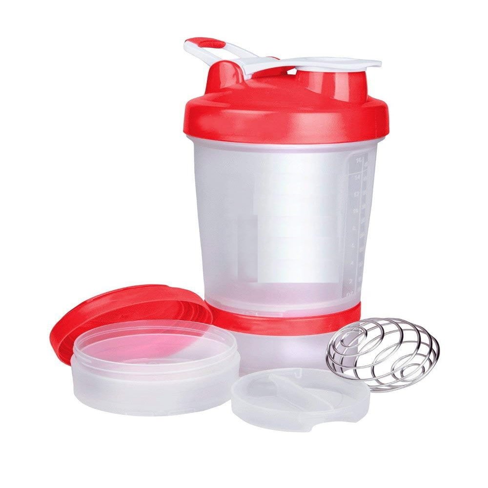 Premium Protein Shaker Bottle With Storage Compartments, 500ml Capacity, White and Red, Twist Lock Containers, 2 Pack