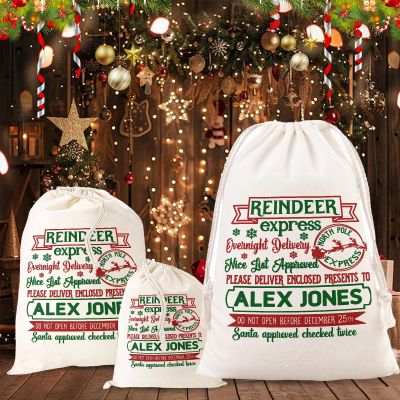 Pwwusark Custom Santa Sacks with Name Reindeer Personalized Large Gift Bag with Drawstring for Kids Canvas Xmas Presents Storage