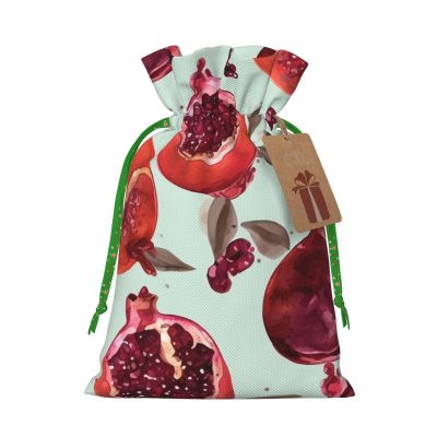 LHBWCVN Pomegranate Pattern Christmas Drawstring Gift Bags with Tags, Xmas Gift Bags with Green Christmas Ribbon, Reusable Gift Wrapping Bag Fabric Goody Gift Sacks for Party Presents Decorations
