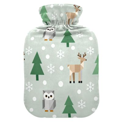 Christmas Deers Green Travel hot Water Bottle with Soft Cover, 2L Warmer Bag for Menstrual Cramps, Neck and Shoulder Pain Relief, Pain Relief
