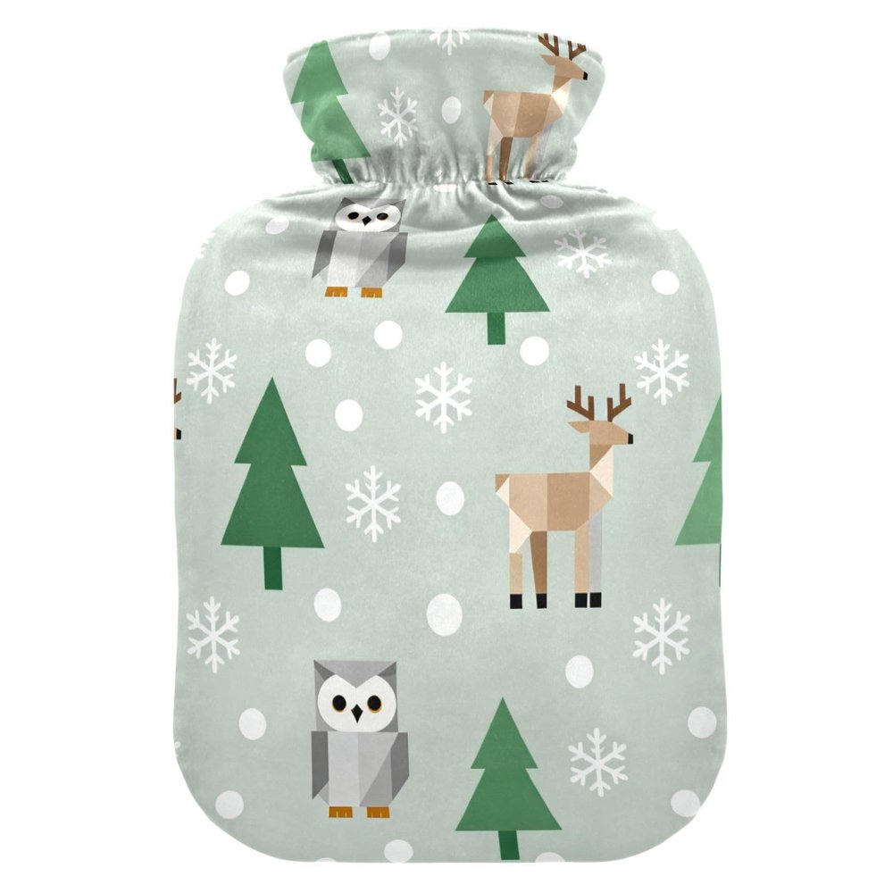 Christmas Deers Green Travel hot Water Bottle with Soft Cover, 2L Warmer Bag for Menstrual Cramps, Neck and Shoulder Pain Relief, Pain Relief