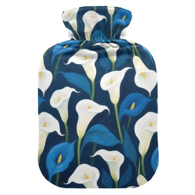 White and Blue Calla Lilies Water Bottle for hot Water with Soft Cover, 2L hot Water Bag for Tummy Warmer, Hand Feet Warmer