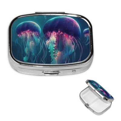 Color Jellyfish Pill Box 2 Compartment Round Metal Pill Case for Purse & Pocket, Portable Medicine Organizer Travel Pillbox Daily Pill Container Holder to Hold Vitamins, Fish Oil