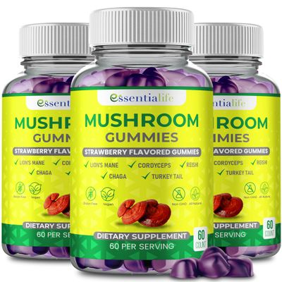 Essentialife Mushroom Gummies Lions Mane Supplement Mushroom Supplement with Lions Mane, Turkey Tail, Cordyceps, Reishi, Chaga Extract | Brain Health and Immune Support Gummies, 180 Count