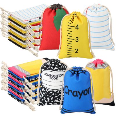 Sweetude 36 Pcs Teacher Appreciation Survival Kit Gifts Bags 4 x 6 Inch Composition Notebook Teacher Survival Supplies Drawstring Bags Pencil Crayon Apple Ruler in Bulk Thank You Canvas Makeup Pouch