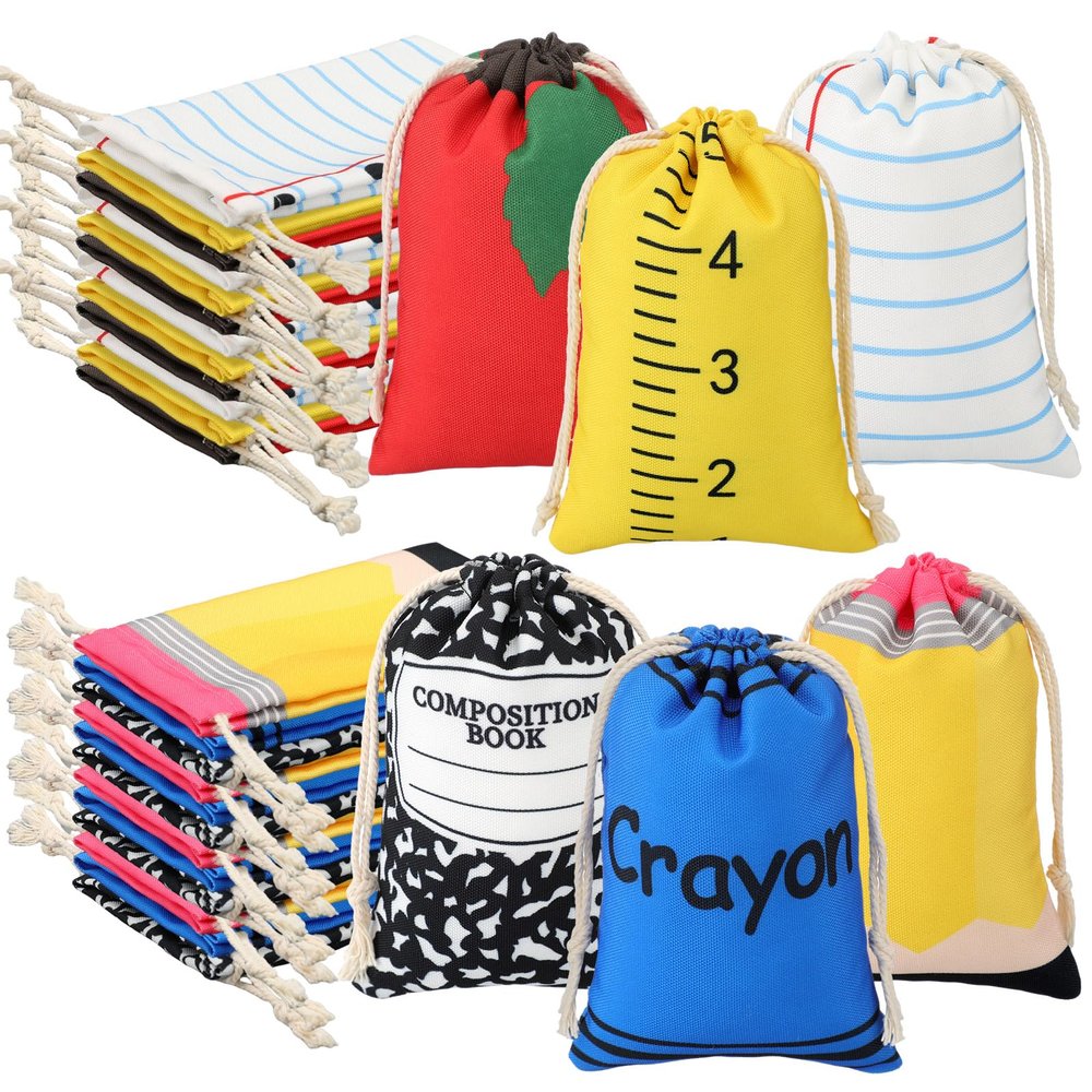 Sweetude 36 Pcs Teacher Appreciation Survival Kit Gifts Bags 4 x 6 Inch Composition Notebook Teacher Survival Supplies Drawstring Bags Pencil Crayon Apple Ruler in Bulk Thank You Canvas Makeup Pouch