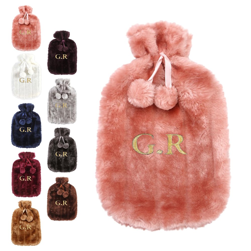 Personalised Embroidered Hot Water Bottle with Fluffy Faux Rabbit Fur Cover 2L Capacity Explosion Proof 33x19cm for Hand Warmth and Christmas Gifts#7