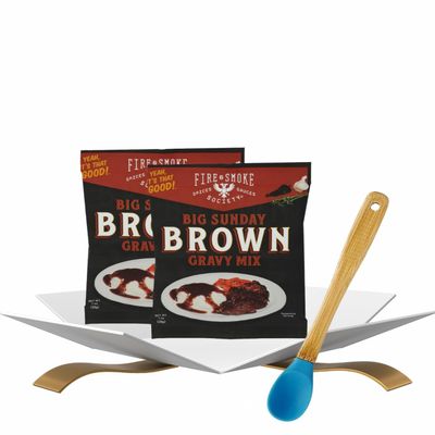 2x Mix Gravy Brown Big Sunday 1 oz Bundle with Silicone/Wood Mini Utensil Rich Beef Brown Gravy Mix with Signature Spices and Deep Savory Flavor for Meats and Sides Gift Set (3 Items)
