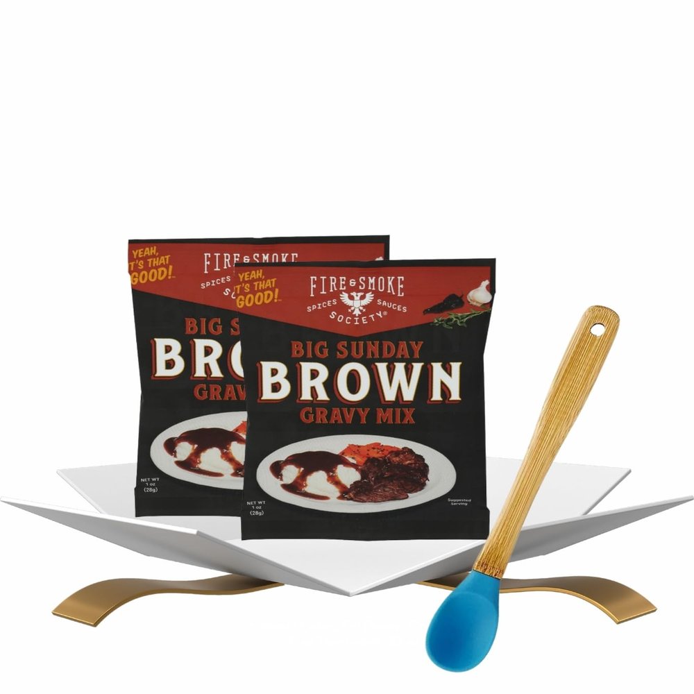 2x Mix Gravy Brown Big Sunday 1 oz Bundle with Silicone/Wood Mini Utensil Rich Beef Brown Gravy Mix with Signature Spices and Deep Savory Flavor for Meats and Sides Gift Set (3 Items)