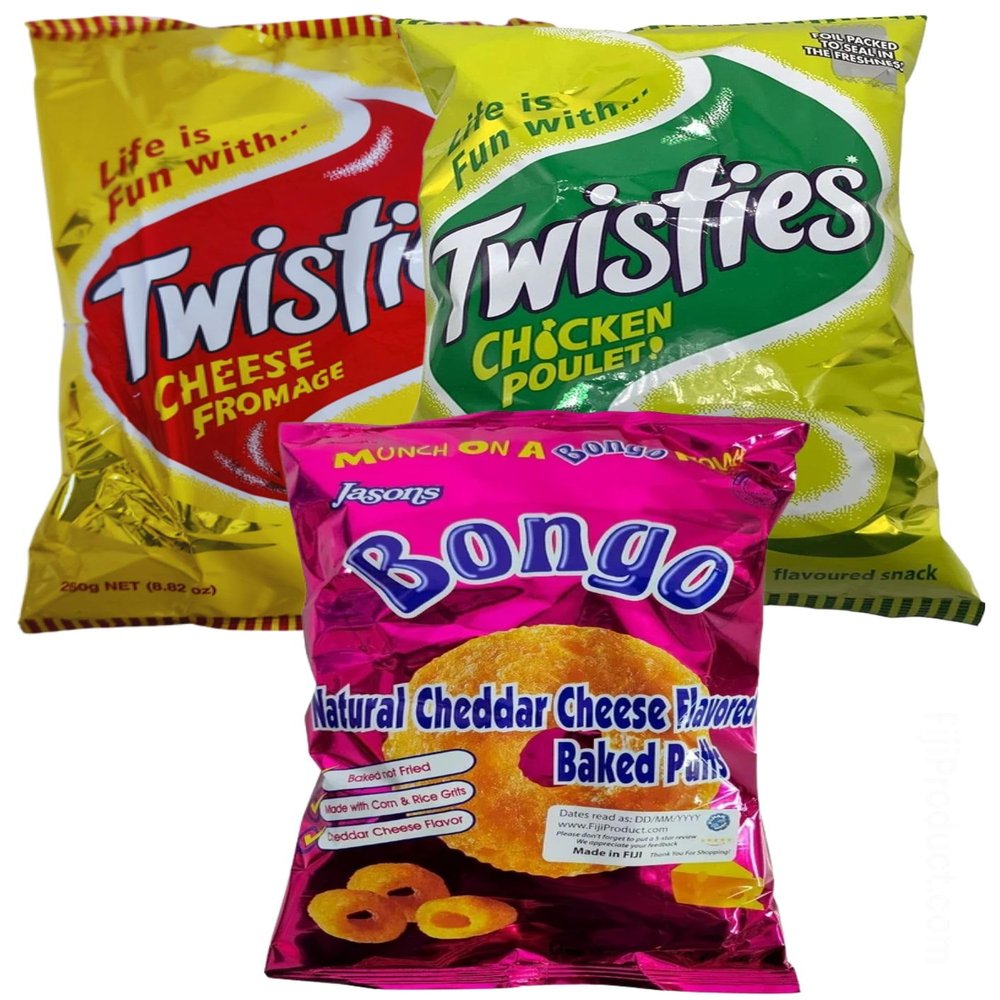 Simpler FIJI Puffs Snacks - Twisties Cheese 250g, Twisties Chicken 250g, Bongo Cheese 156g (Value 3 Pack) Family Party Pack Size, Baked Crunchy Tasty Snacks!