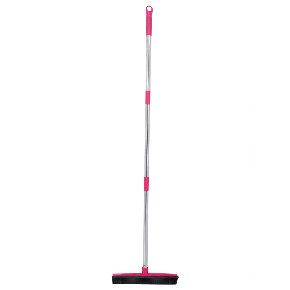 Aramox Rubber Broom Telescopic Floor Broom with Adjustable Handle and Squeegee for Efficient Pet Hair Removal on Floors and Windows (Pink)