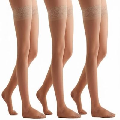 EvoNation Womens Sheer 8-15 mmHg Thigh-High Compression Stockings 3-Pack with Lace Top Mild Support for Travel & Leg Relief