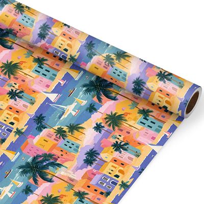 WALL-KNACK 17" X 393" Vibrant Tropical Blue Yellow Palm House Wrapping Paper Gift Wrap Roll for Wedding, Mother's Day, Holiday, Baby Shower, Women Girls Gifts, Birthdays, Bridal Shower and Engagement