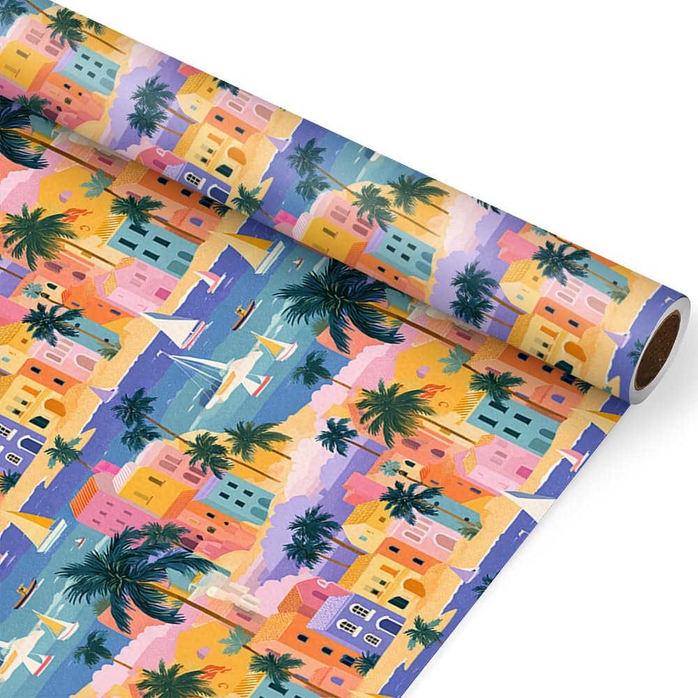 WALL-KNACK 17" X 393" Vibrant Tropical Blue Yellow Palm House Wrapping Paper Gift Wrap Roll for Wedding, Mother's Day, Holiday, Baby Shower, Women Girls Gifts, Birthdays, Bridal Shower and Engagement