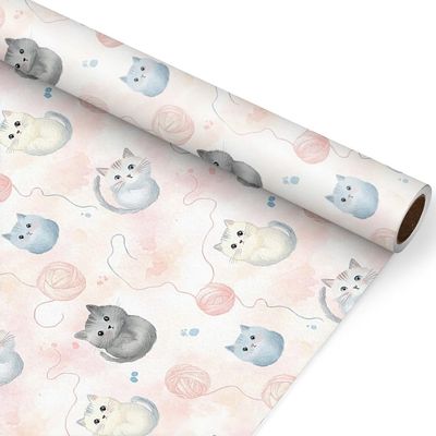 WALL-KNACK 17" X 393" Cute Dreamy Peach Blue Kittens Yarn Wrapping Paper Gift Wrap Roll for Wedding, Mother's Day, Holiday, Baby Shower, Women Girls Gifts, Birthdays, Bridal Shower and Engagement